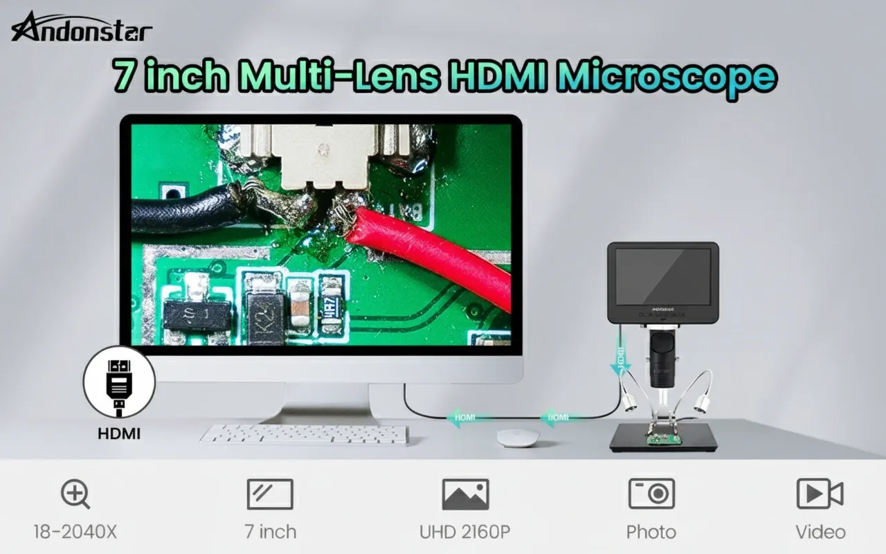 Benchtop digital microscope optimized for micro soldering and PCB inspection