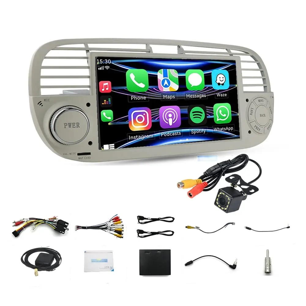 OEM-style 7-inch car infotainment head unit with wireless CarPlay and Android app icons on screen, shown with wiring harnesses, camera and installation accessories on a white background.