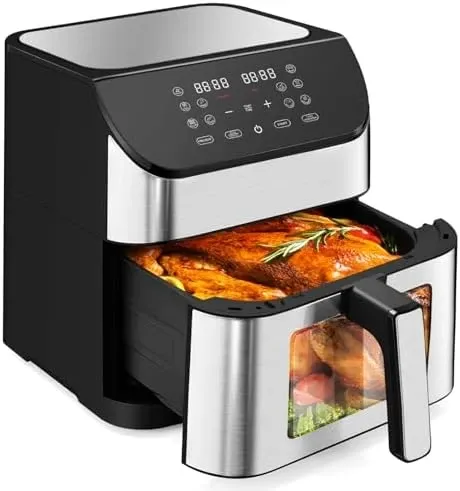 Premium black and stainless steel digital air fryer with large pull-out basket, displaying cooked chicken and vegetables, shown on a clean white background.