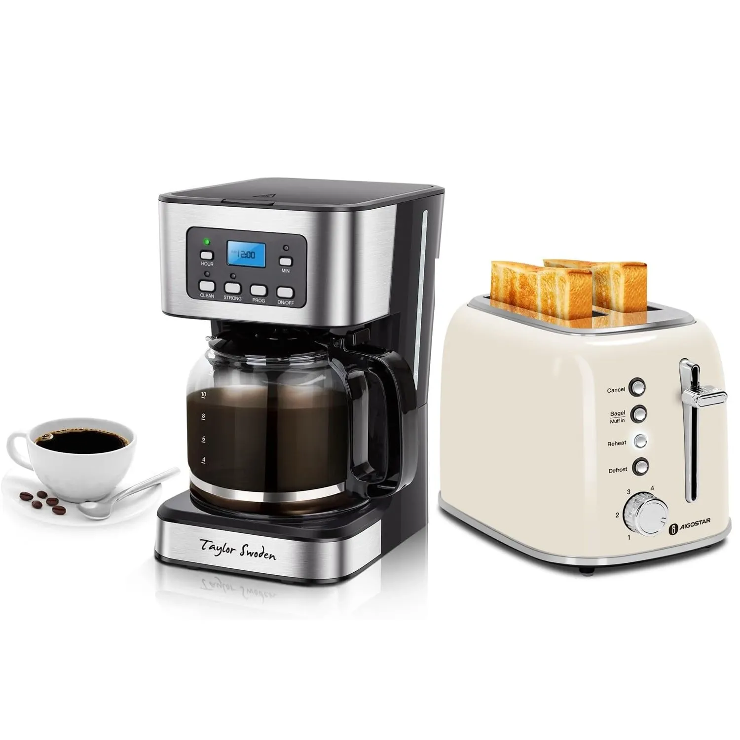 Taylor Swoden programmable drip coffee maker with glass carafe next to a cream Aigostar 2-slice toaster and a cup of black coffee.