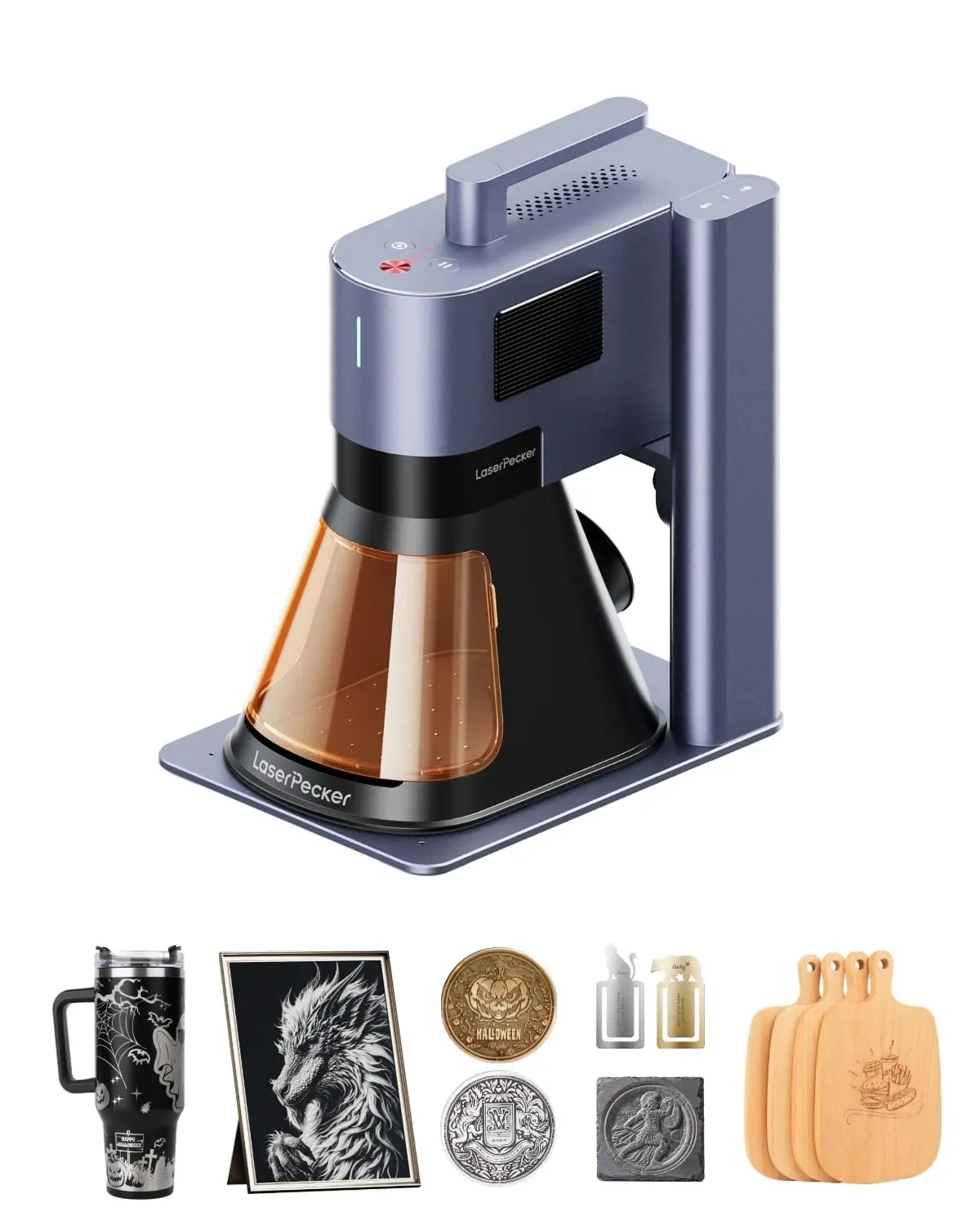 Premium compact dual-laser workstation in metallic blue and black, shown with example engravings on a tumbler, framed artwork, coins, lighter cases, stamps, and wooden chopping boards.