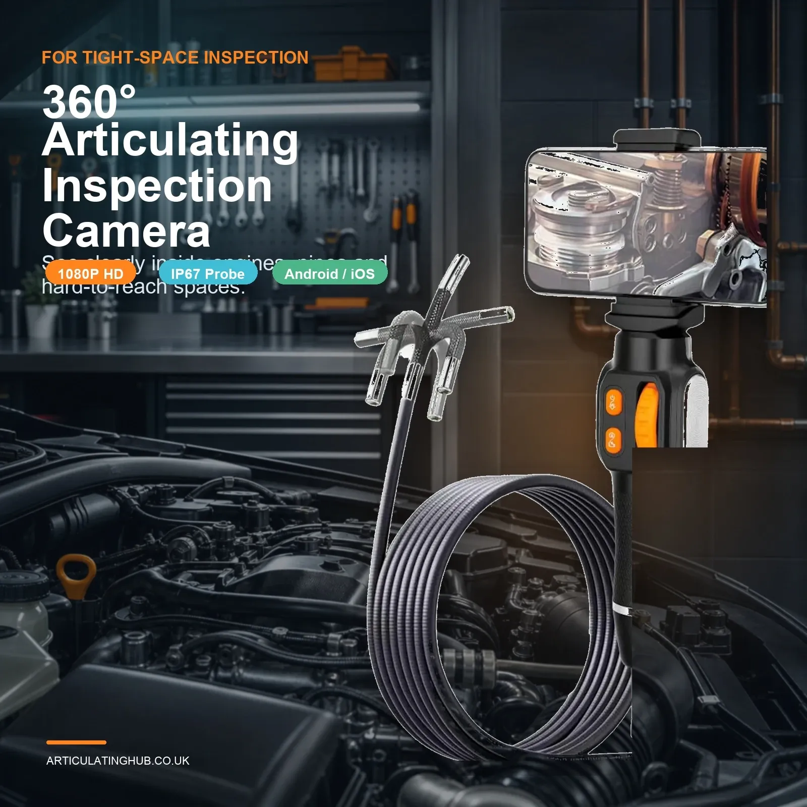 Smartphone-connected articulating inspection camera with coiled probe shown in a UK-style garage, with the screen displaying a close-up engine inspection view.