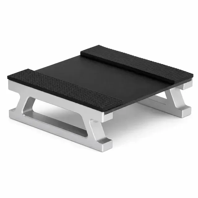 Compact silver metal RC car stand with black textured top, shown on a white background, designed for 1/28 scale workshop use and display.