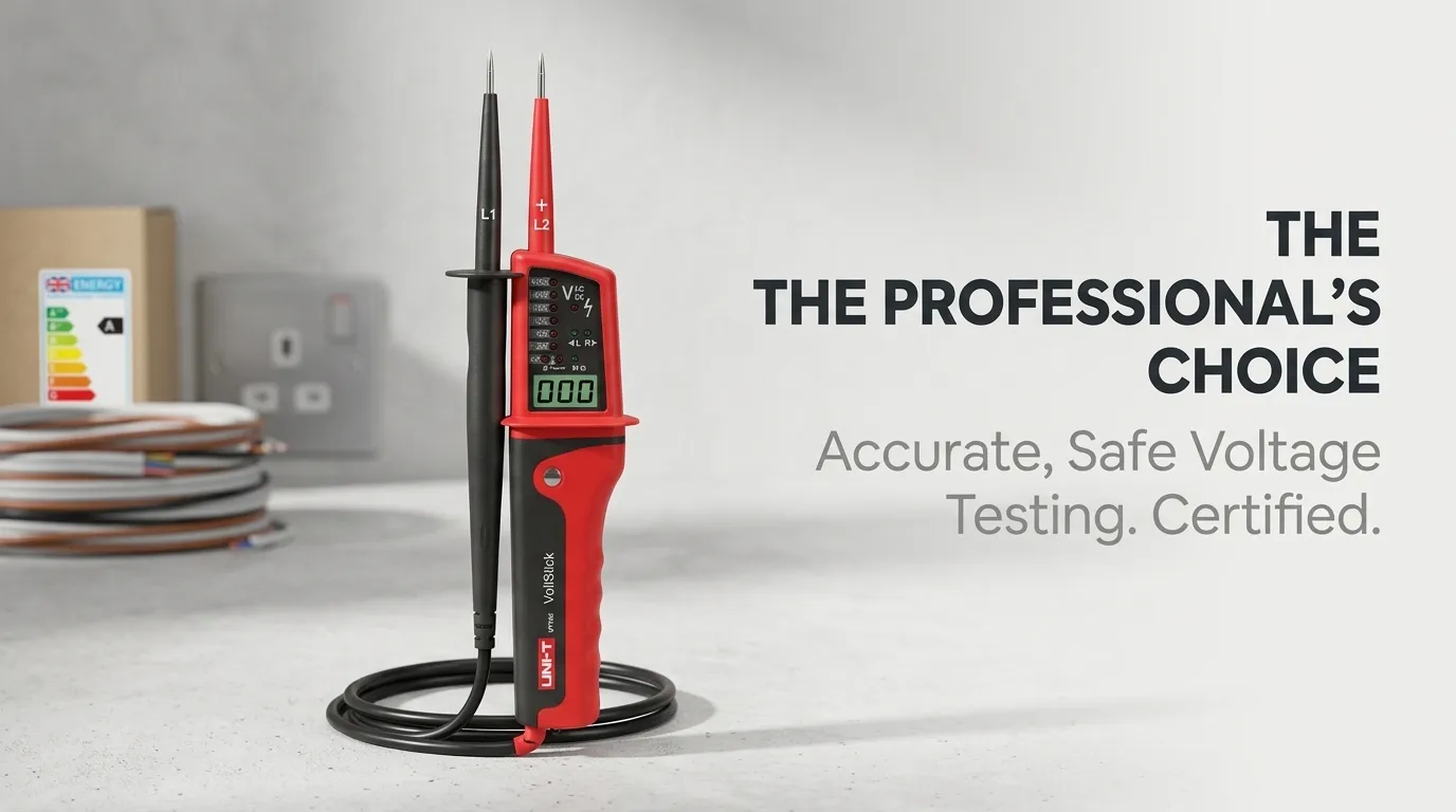 A close-up of a proving unit being used to verify a voltage tester's functionality.
