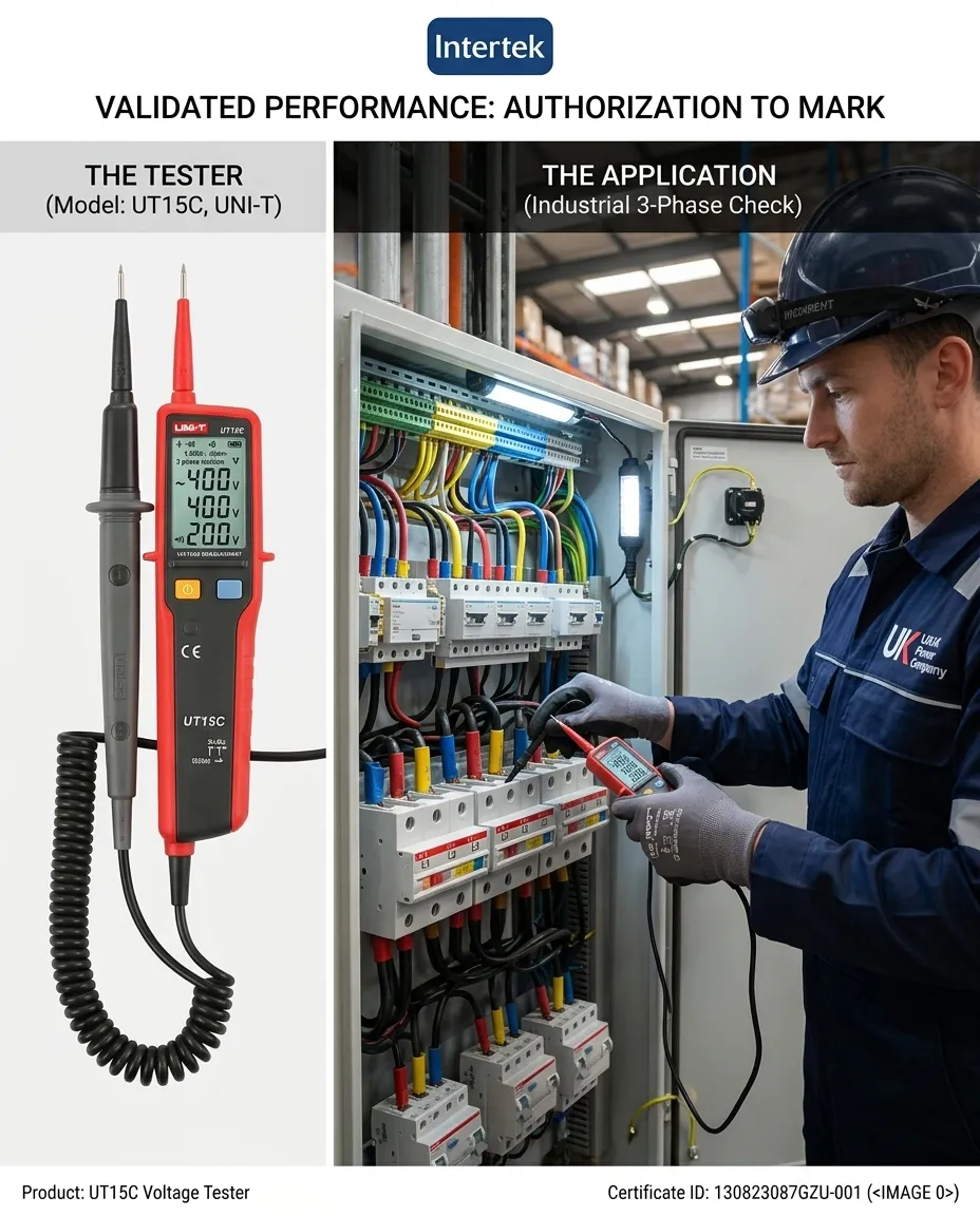 Qualified electrician using a two-pole voltage tester for safe isolation.