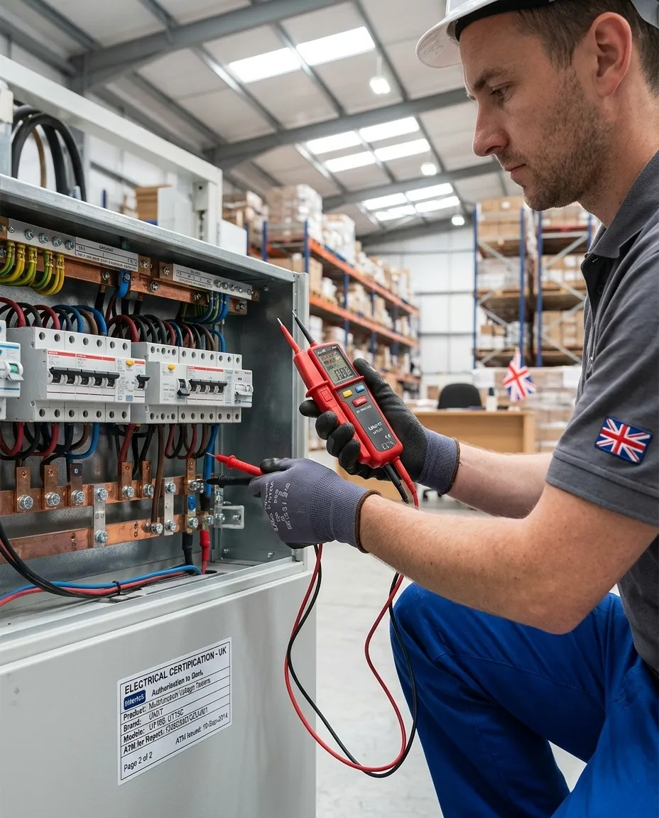 Electrician verifying a voltage tester using a portable proving unit.
