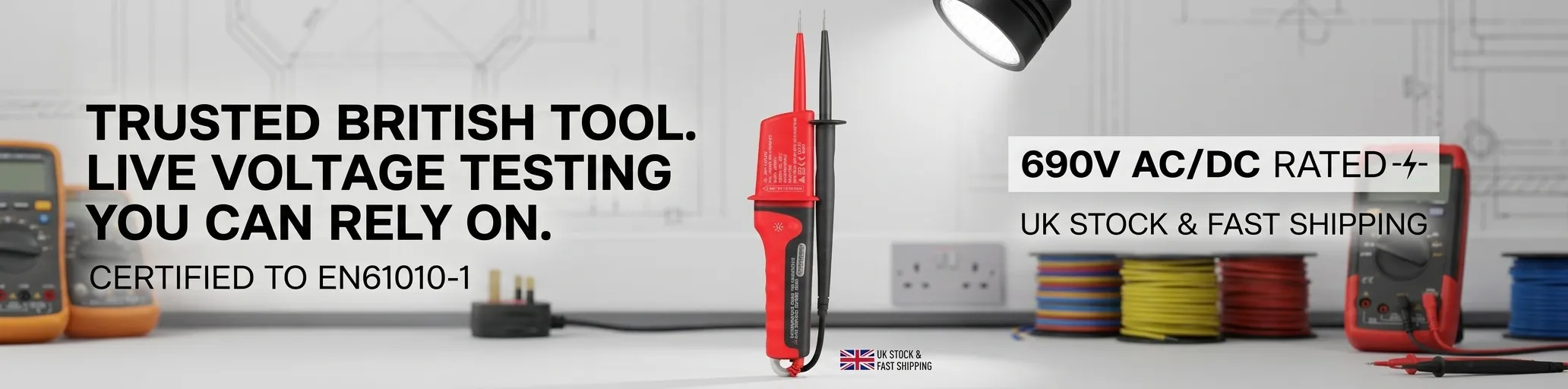 Electrical testing equipment promo banner featuring professional tools.