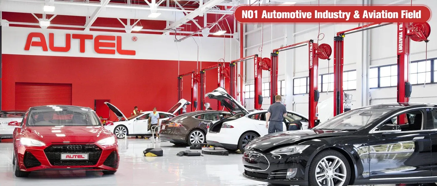 Autel-branded automotive workshop with multiple cars and service lifts, showing technicians working in a garage setting.