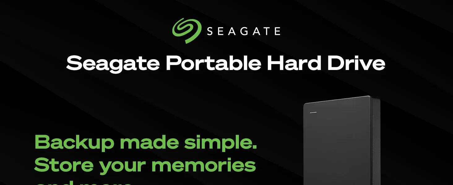 Seagate Portable Hard Drive on a dark background with bold text promoting simple backup and storage.