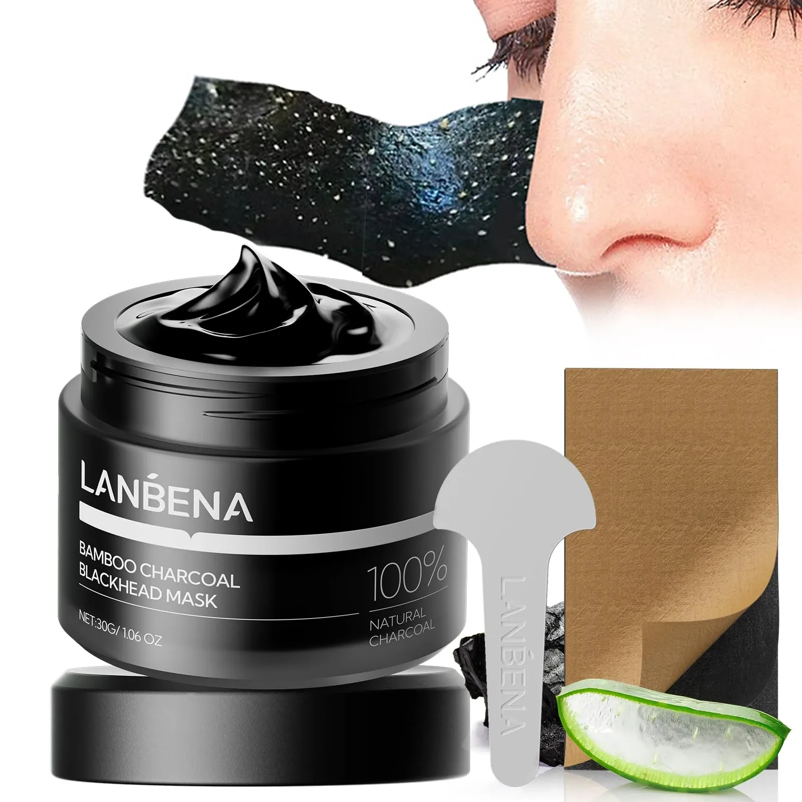 Black bamboo charcoal blackhead mask jar with applicator tool, shown beside a peeled mask strip and close-up of skin on a white background.