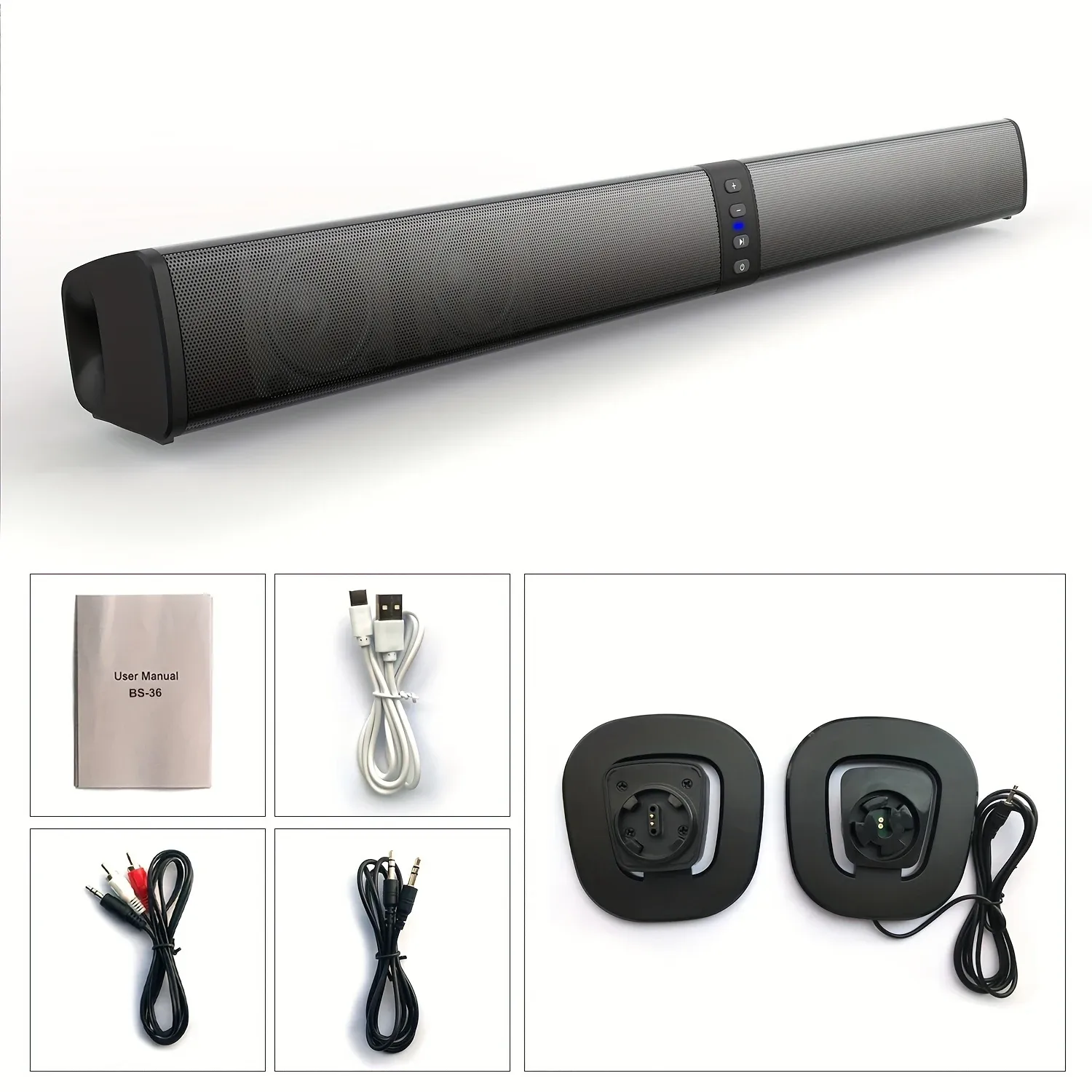 Black compact soundbar shown with included accessories, USB cable, RCA cable, audio cable, power adapters and user manual on a white background.