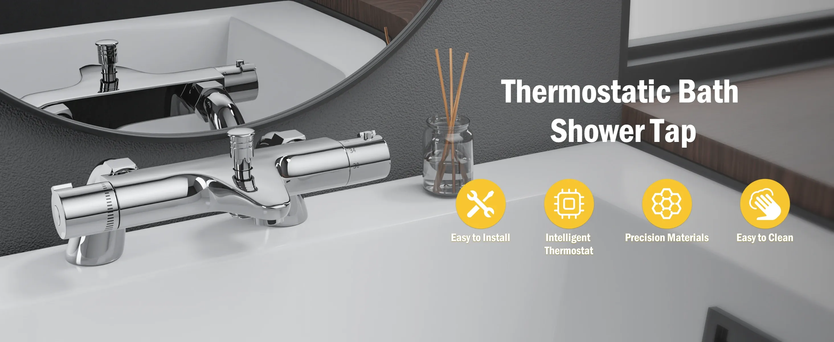 Chrome thermostatic bath shower mixer tap mounted on a white bathtub with a mirror reflection and a reed diffuser in the background, featuring icons for easy installation and intelligent thermostat.