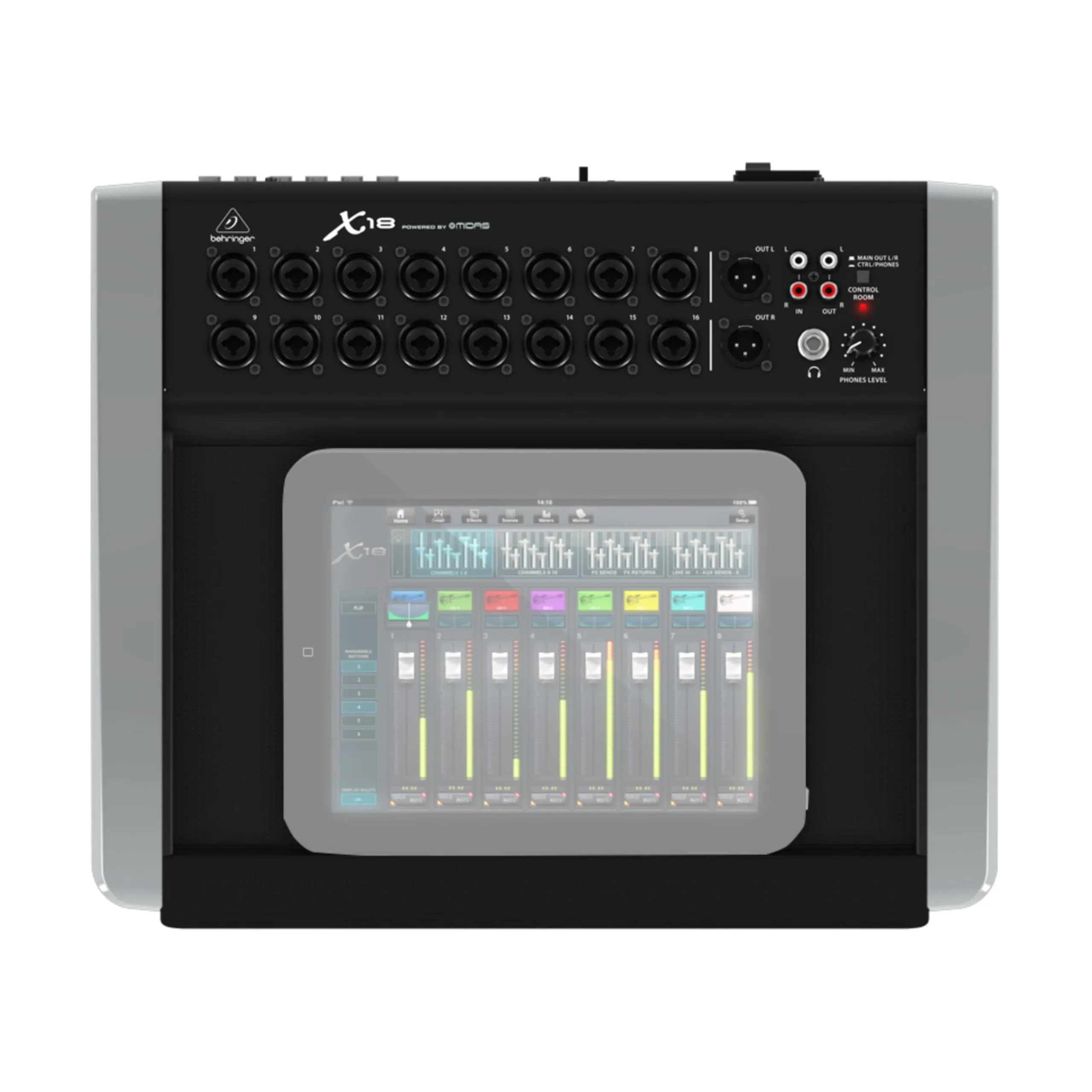 Top view of a Behringer X18 digital mixer with multiple combo input jacks and output connectors, shown with a tablet-style control interface on the front.