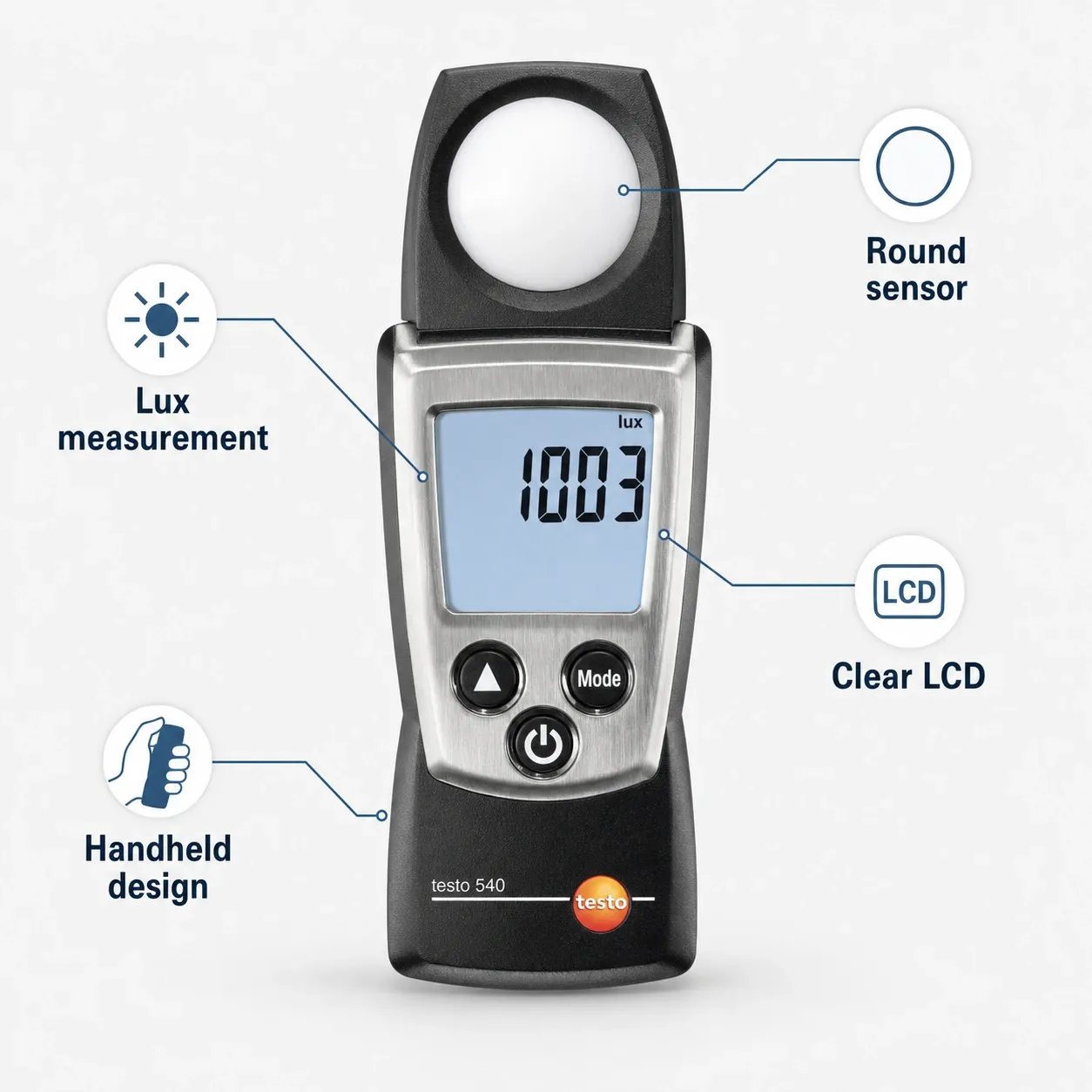 Testo 540 handheld lux light meter with round sensor, clear LCD display reading 1003 lux, and simple feature callouts for lux measurement and compact handheld design.