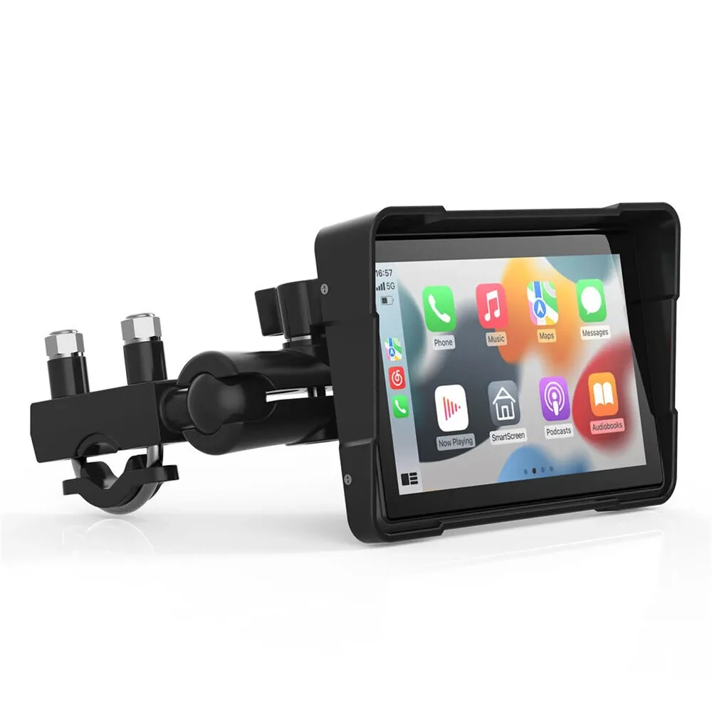 Black rugged motorcycle smart display mounted on a handlebar bracket, showing app icons for phone, music, maps, messages, podcasts and audiobooks on a bright screen.