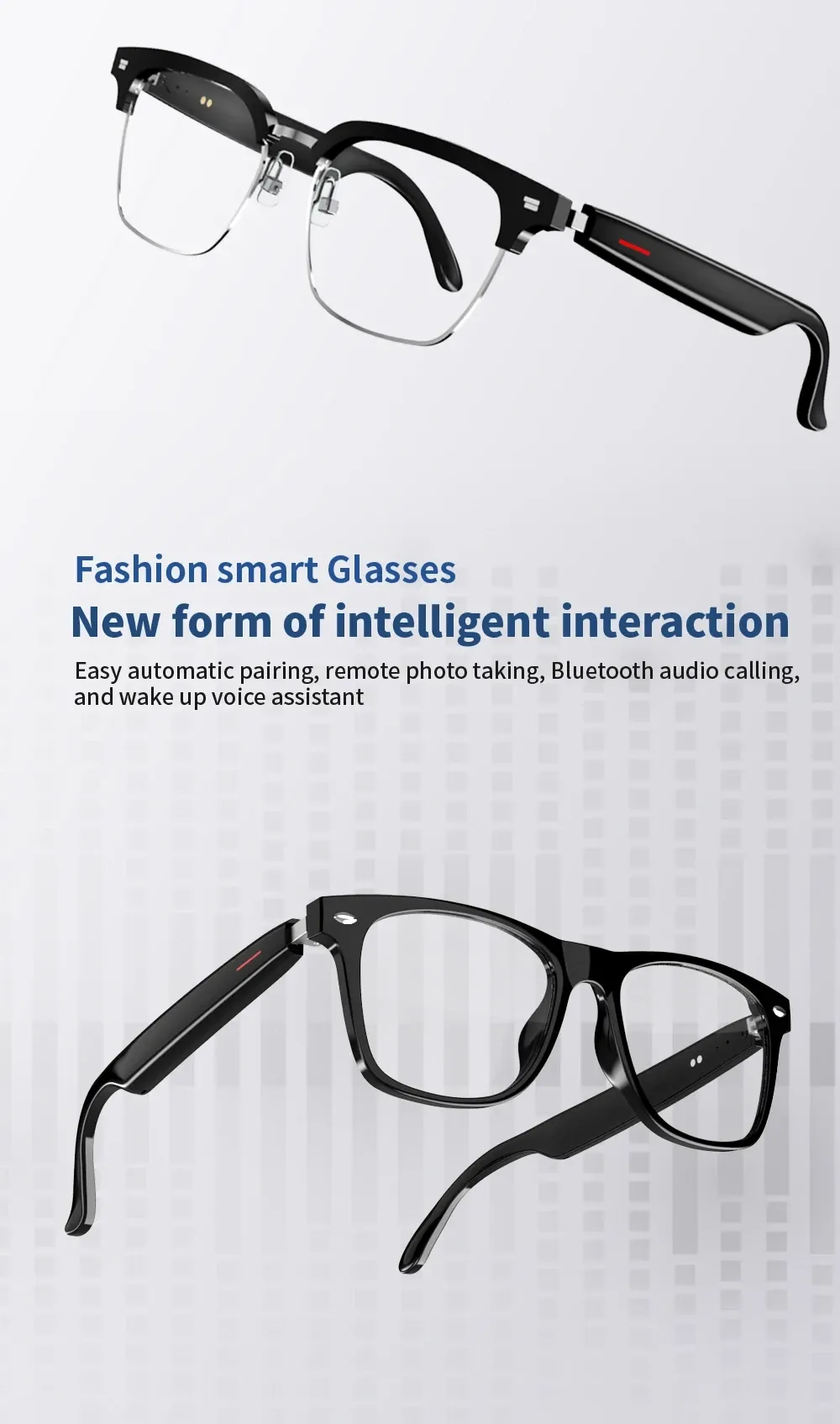 Black fashion smart glasses with integrated Bluetooth-style arms shown on a plain light background, with promotional text about automatic pairing, photo taking, audio calling and voice assistant features.