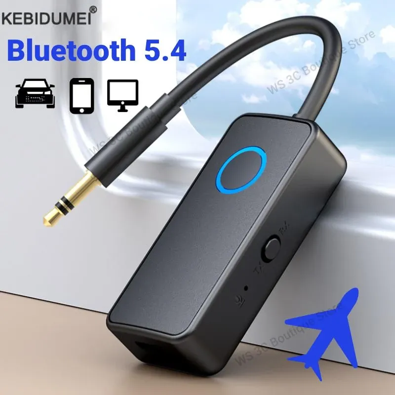 Black Bluetooth 5.4 transmitter/receiver adapter with 3.5mm plug and blue indicator ring, shown in a clean product render with device compatibility icons.