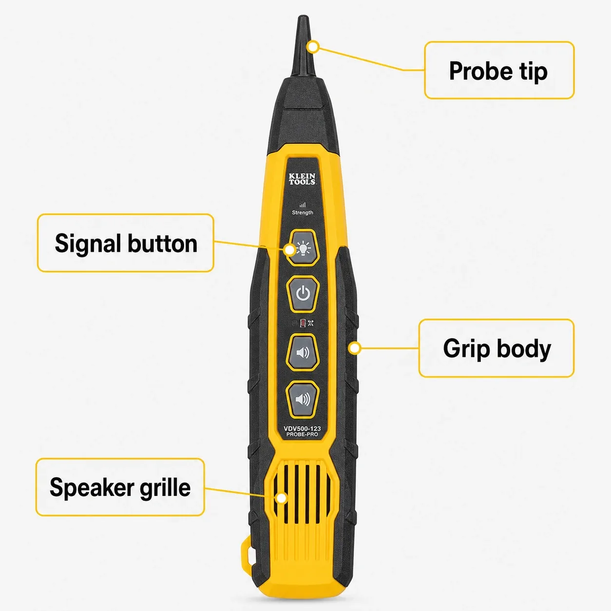 Professional-grade yellow and black Klein Tools cable tracer probe with labeled parts including probe tip, signal button, grip body, and speaker grille on a clean white background.