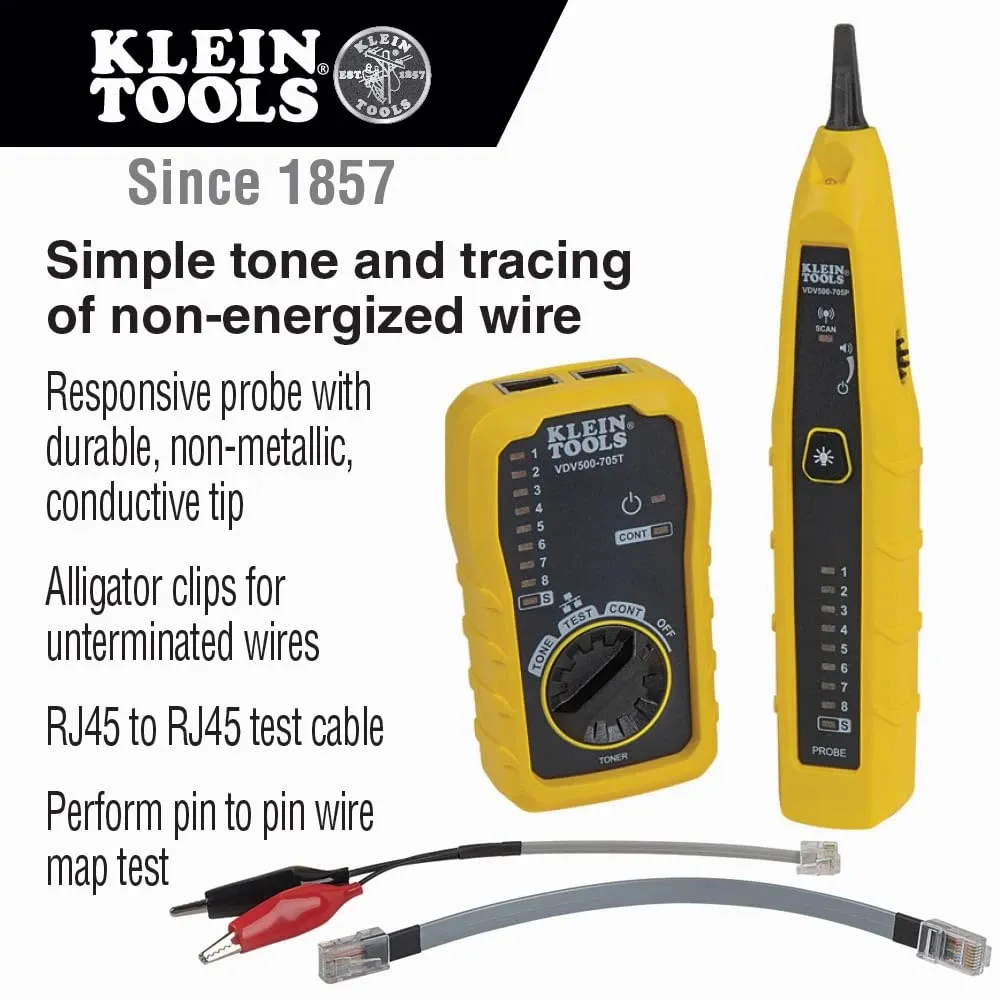 Klein Tools tone generator and probe kit with toner unit, probe, and test leads for tracing and testing low-voltage telephone and network cables.
