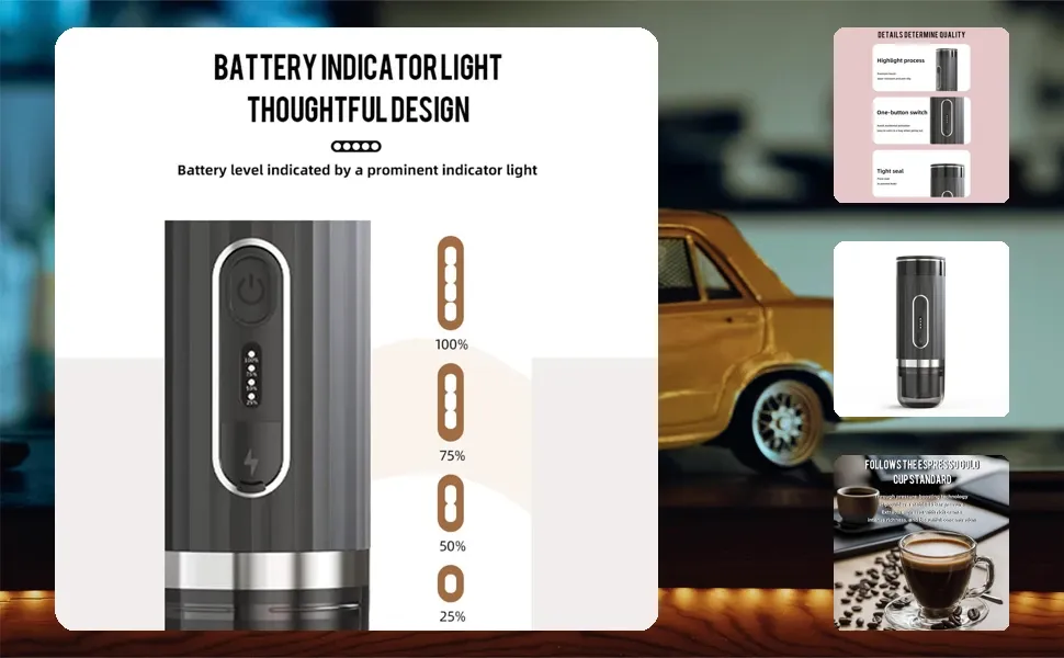Close-up of a portable electric espresso maker featuring a 4-level LED battery indicator light and a sleek ribbed black finish, positioned next to a miniature gold car.