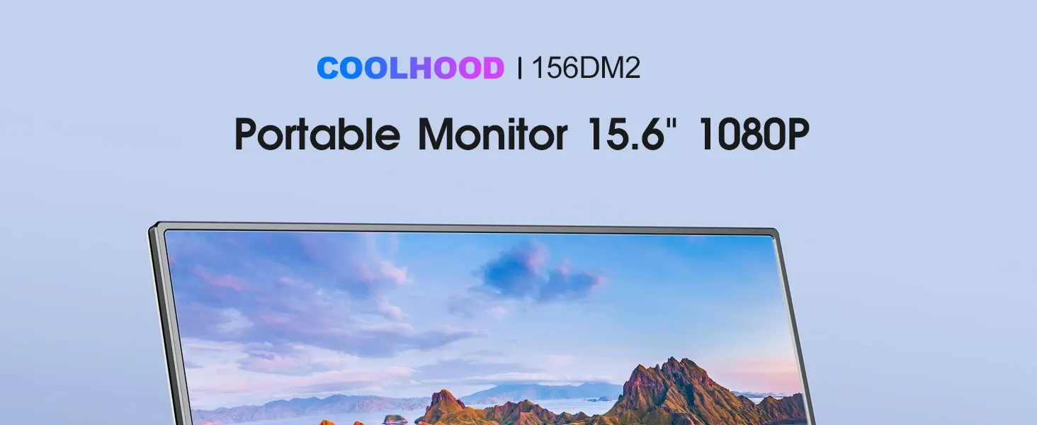 Coolhood 15.6-inch portable monitor displaying a scenic landscape, showcasing its sleek design against a light blue background.