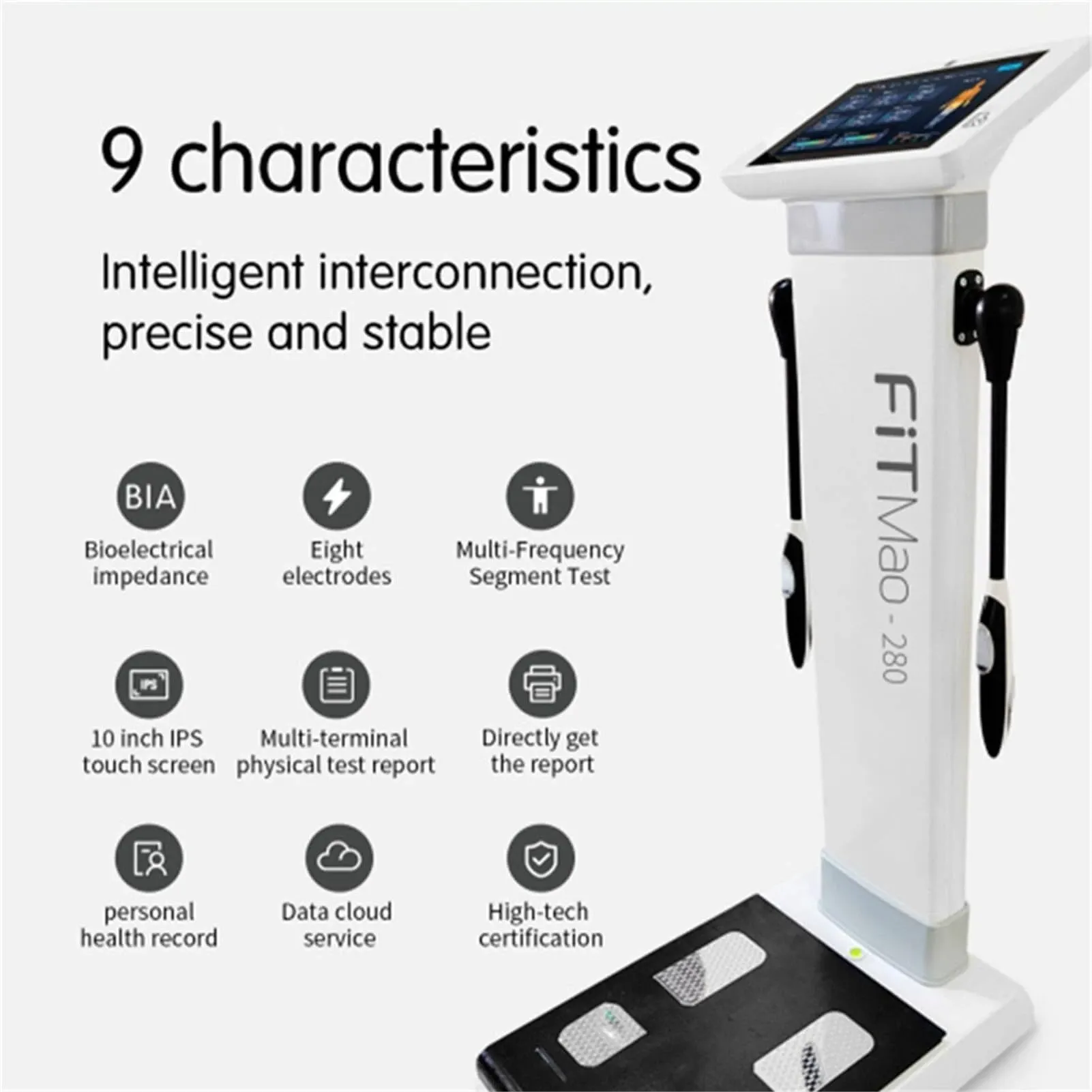 A white body composition analysis machine with a touchscreen and icons listing features such as bioelectrical impedance, eight electrodes, and cloud service.