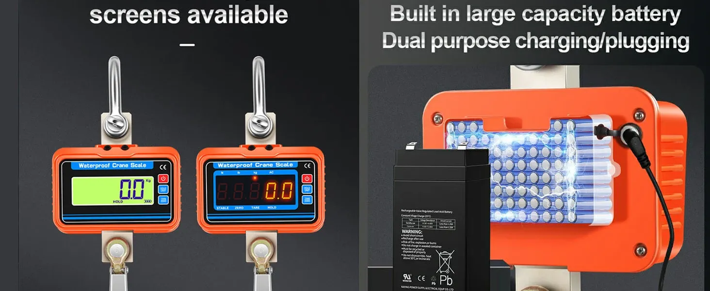 Comparison of waterproof crane scale display options showing LCD and LED screens alongside internal battery and charging port details.