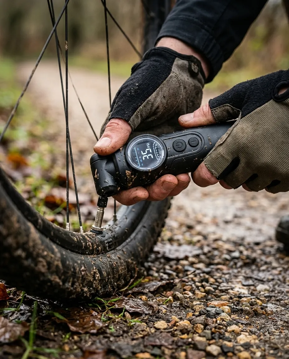 Portable and cordless tyre inflator in use