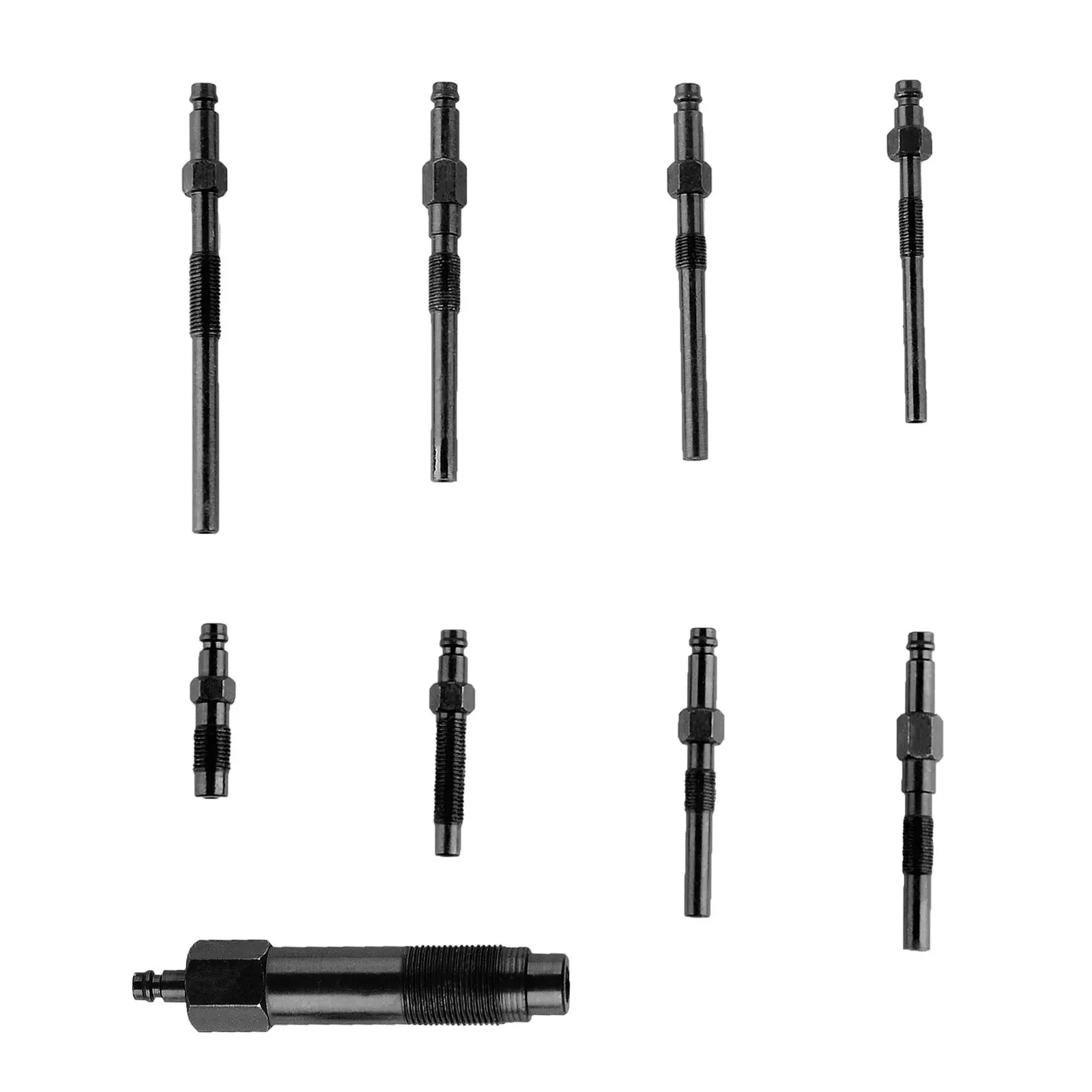 Set of black metal threaded adapter bolts and fittings shown on a white background