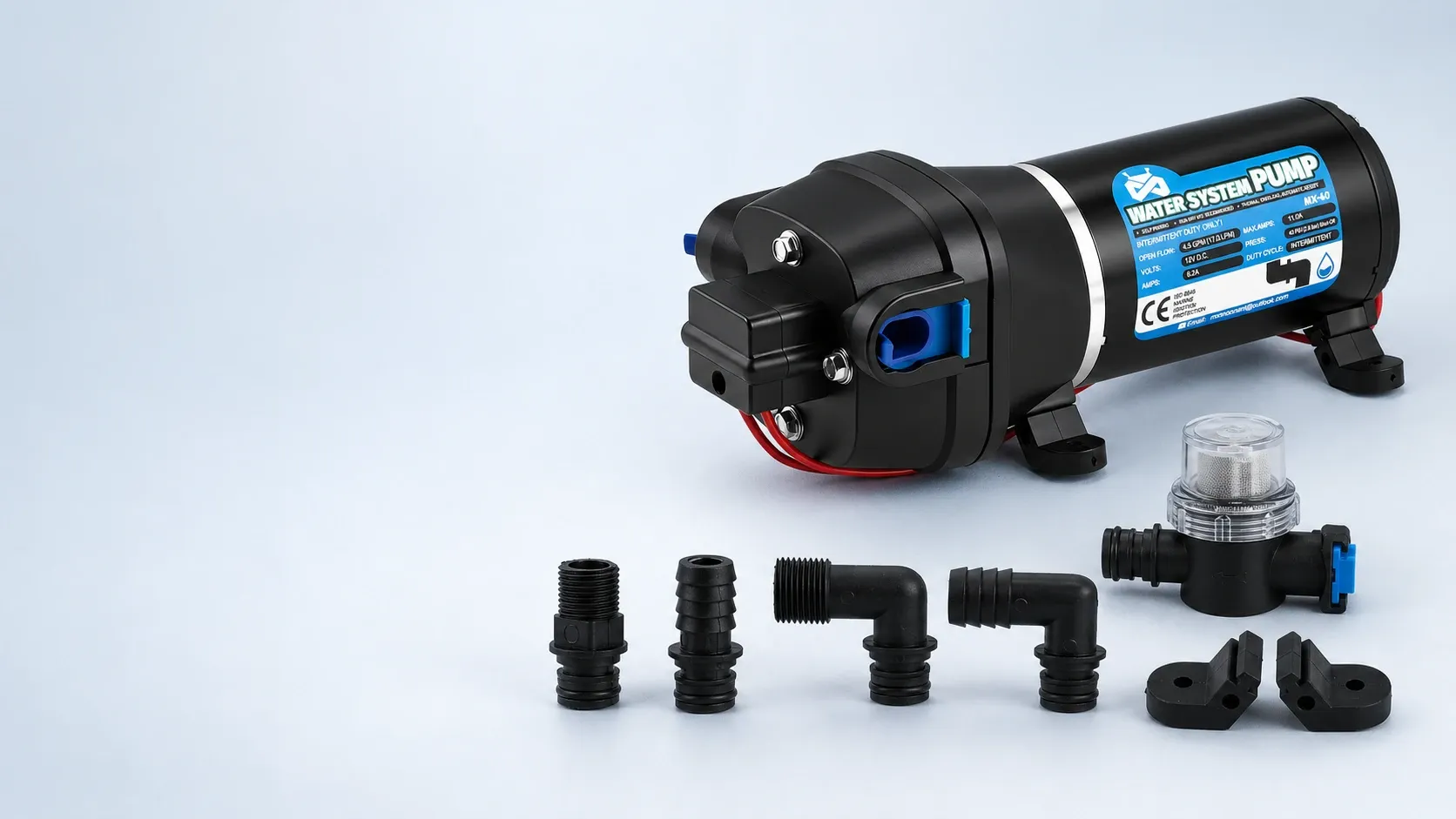 A 12V self-priming booster pump with various fittings displayed on a light background, showcasing its design and components.