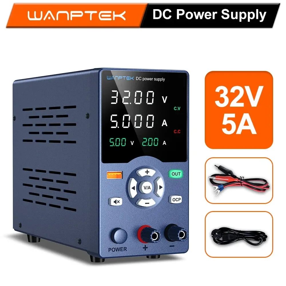 Compact blue Wanptek DC bench power supply showing a digital LED display, front control buttons, red and black output terminals, and included test leads and power cable, rated 32V 5A.