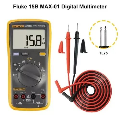 Fluke 15B MAX-01 digital multimeter shown with test leads and TL75 probes on a white background.
