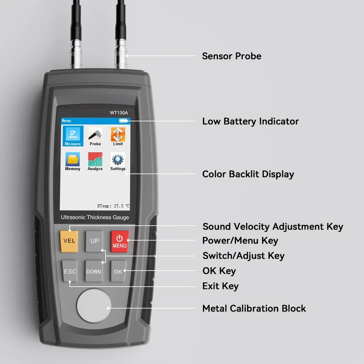 Digital ultrasonic thickness gauge with a color backlit display and sensor probes, showcasing measurement features and controls.
