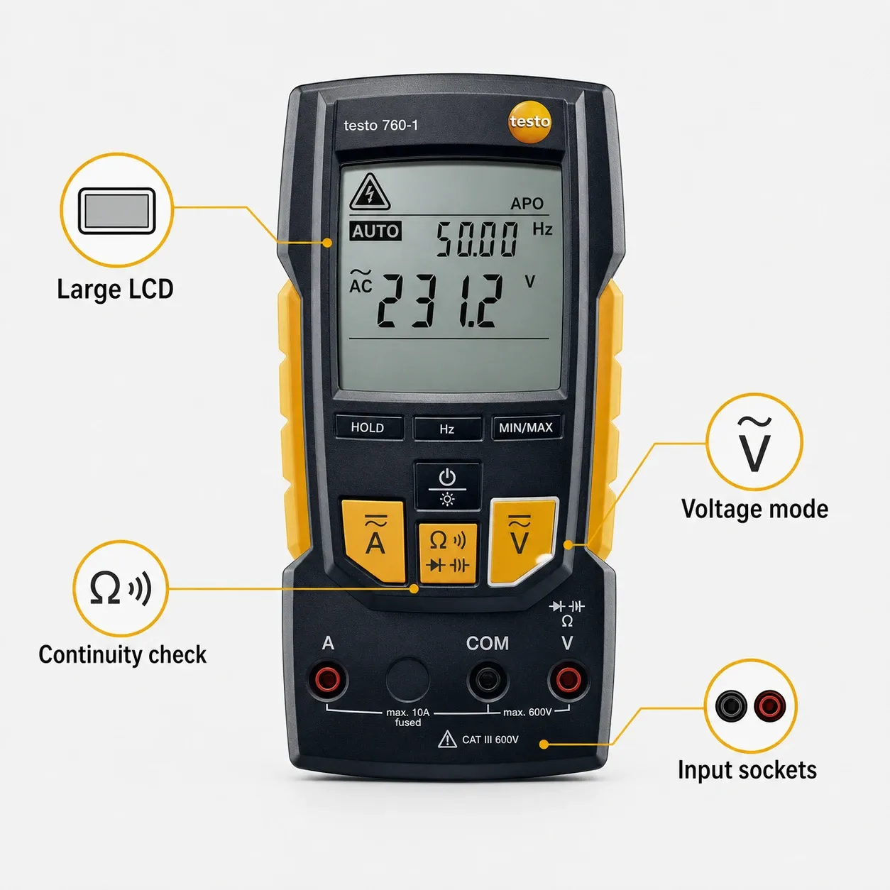 Professional digital multimeter shown front-on against a clean white background, with callouts highlighting the large LCD display, voltage mode, continuity check and input sockets.