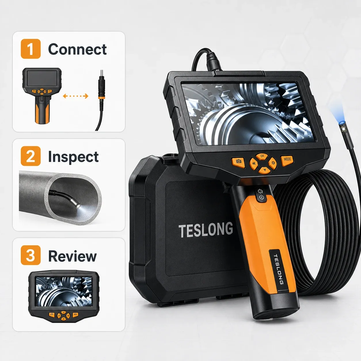 Teslong professional-grade borescope with a rugged handheld display showing close-up of mechanical gears, coiled inspection probe with light, and branded carrying case, alongside step-by-step usage instructions: Connect, Inspect, Review.