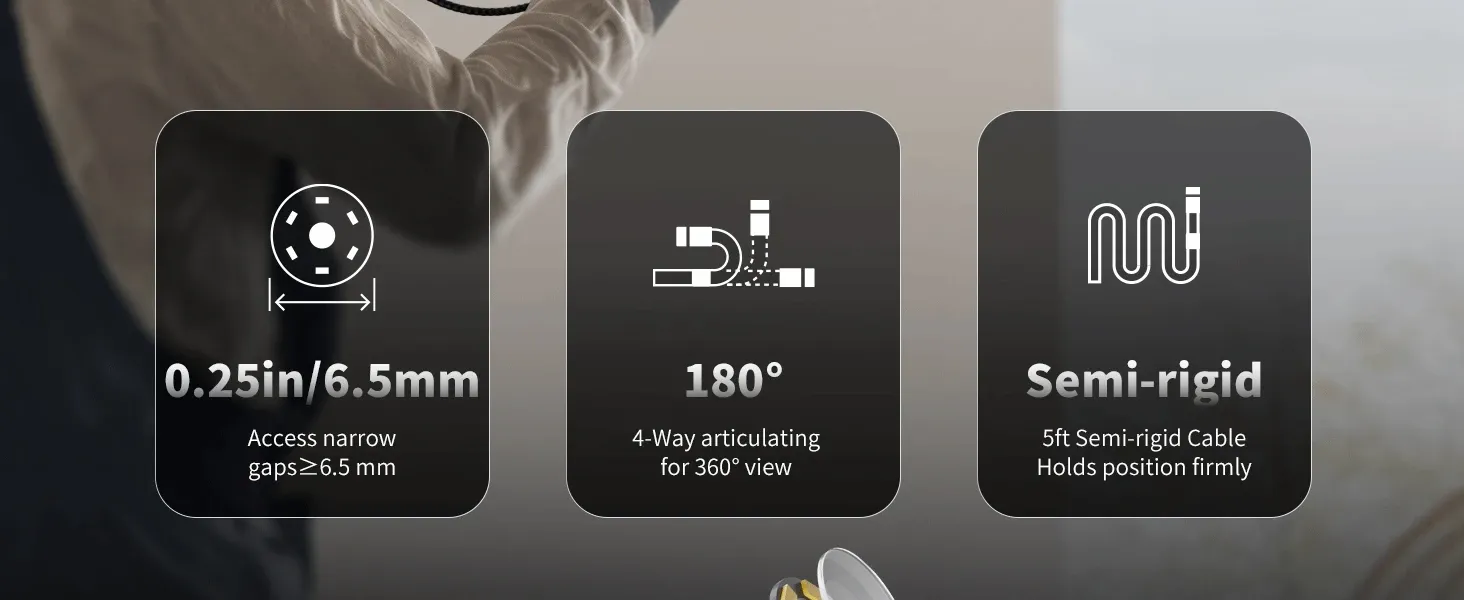 Product feature graphic showing a borescope’s 6.5 mm slim access tip, 180-degree 4-way articulating head, and 5 ft semi-rigid cable on a blurred workshop background.