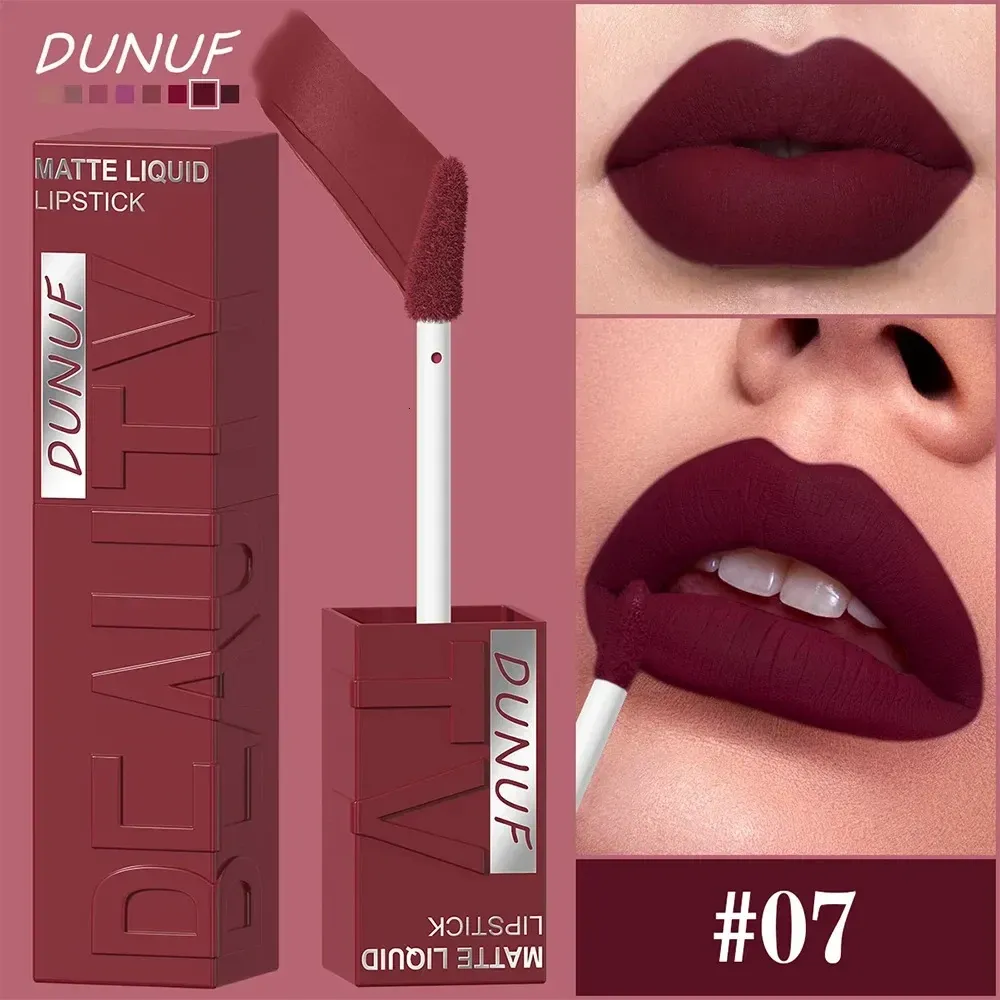 DUNUF matte liquid lipstick in deep burgundy packaging with applicator wand and a close-up lip swatch labeled shade #07.