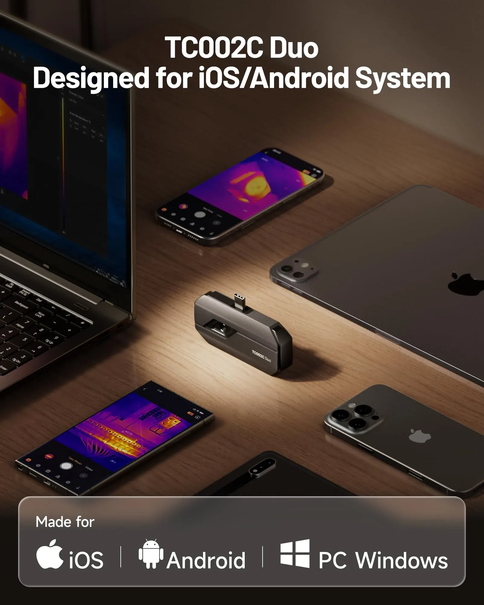Marketing image showing the TC002C Duo thermal imaging camera with iOS, Android and Windows devices displaying thermal inspection views on a desk.