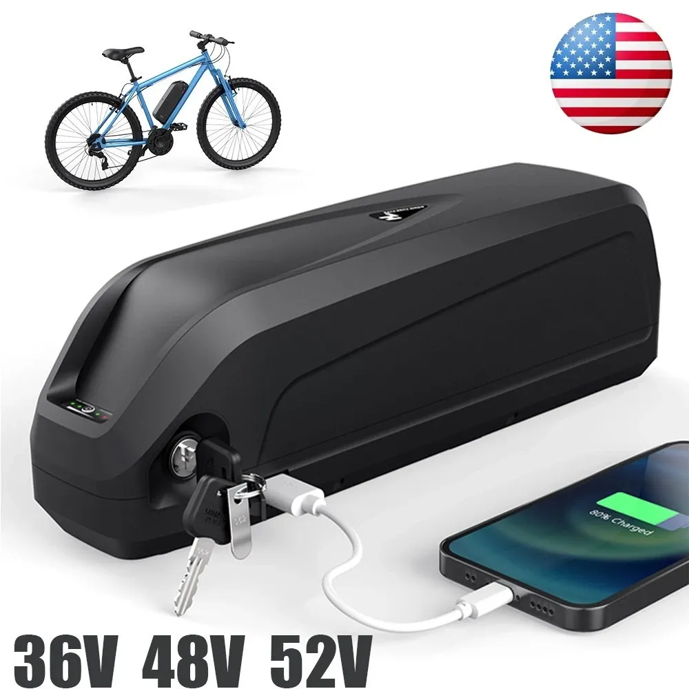 Black Hailong style ebike battery pack with 36V 48V 52V options, featuring a USB charging port for phones and a key lock, shown next to a blue mountain bike.
