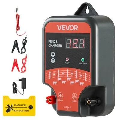 VEVOR 12V electric fence charger kit showing the energiser unit, alligator clips, power adapter and electric fence warning sign on a white background.