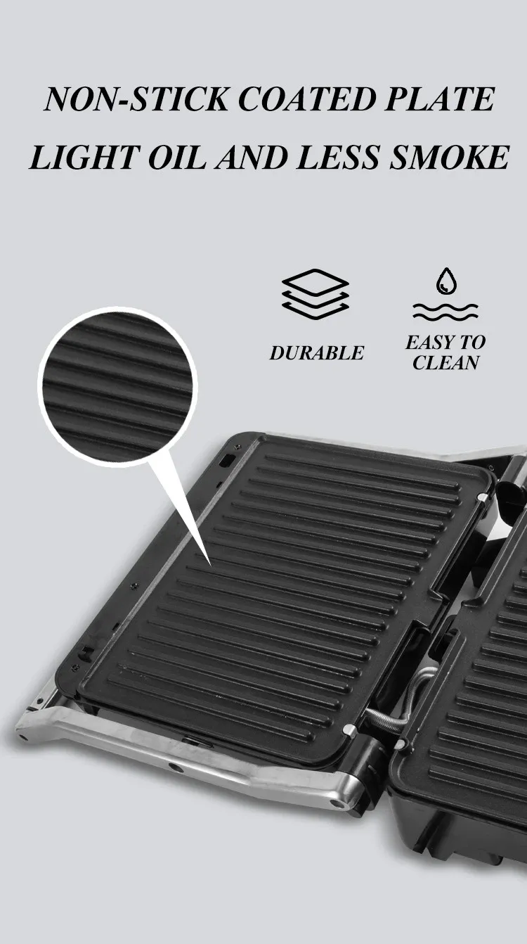 Close-up of a black non-stick barbecue-style cooking plate with ridged surface, shown with icons highlighting durability and easy cleaning, and text stating it uses light oil and produces less smoke.