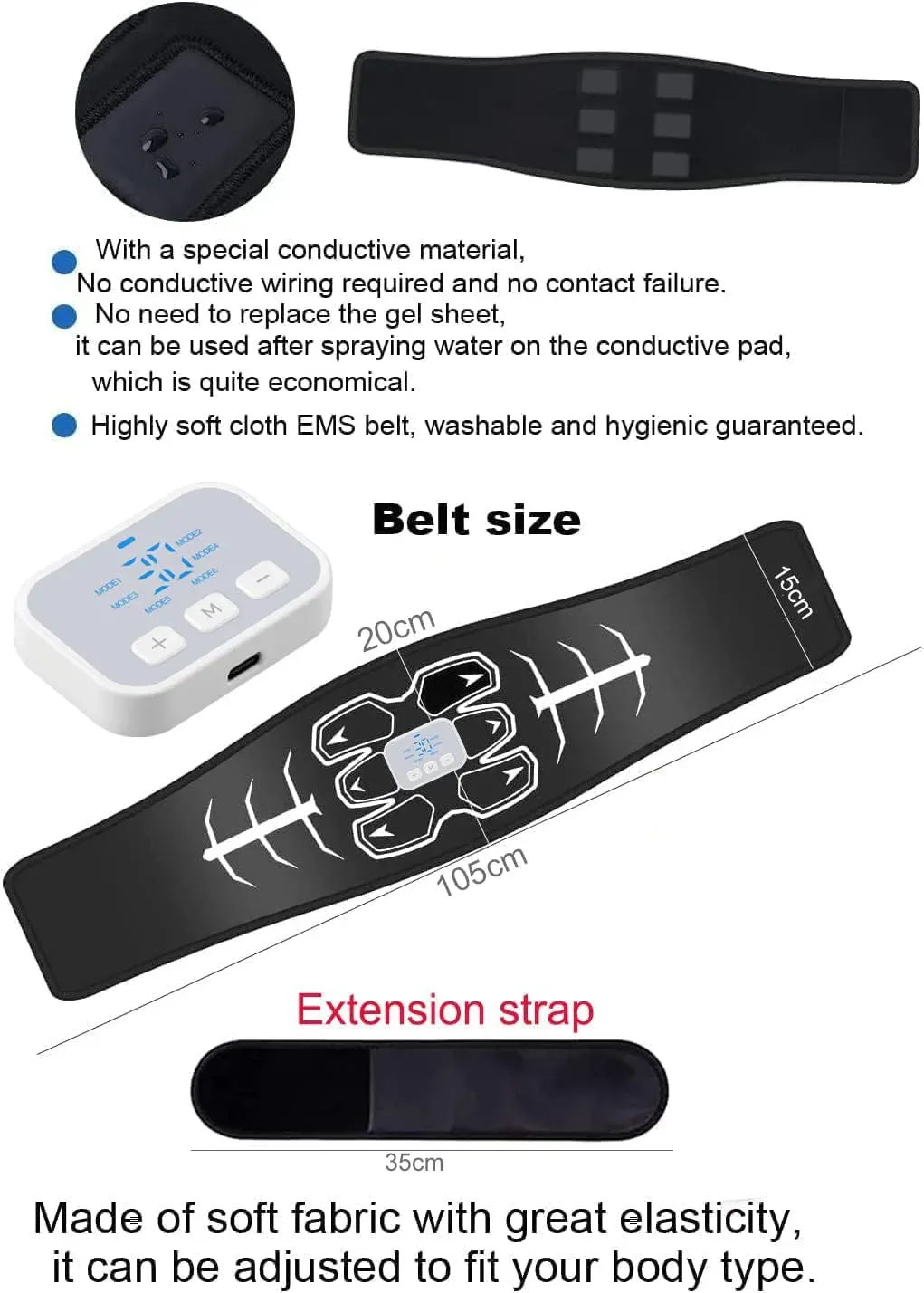 Technical specifications and settings infographic for EMS muscle stimulation machines