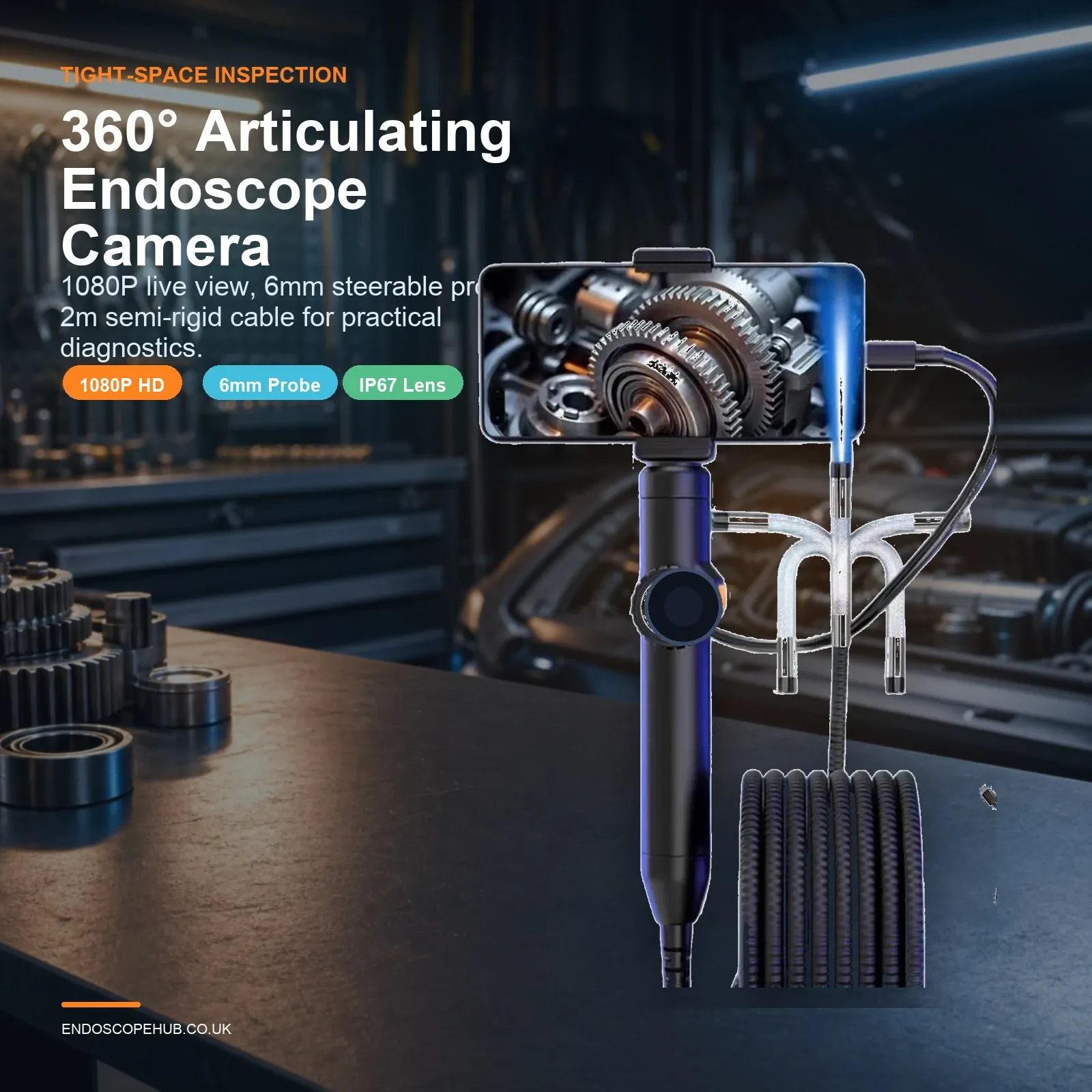 Articulating smartphone borescope camera shown in a dark garage workshop setting, with a close-up display of metal gears and a 6mm probe cable, promoting 360-degree inspection for tight spaces.