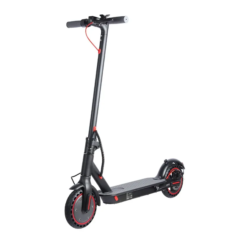 Black adult electric scooter with red accents, shown on a plain white background in a side view.
