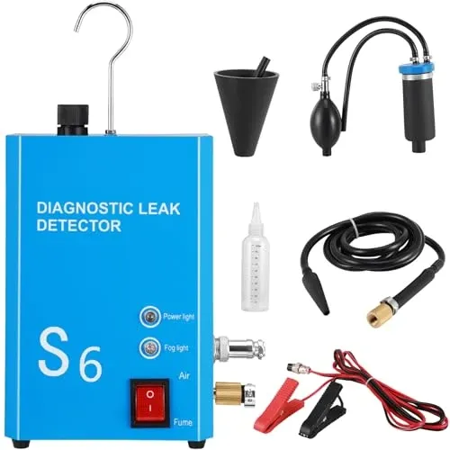 Blue S6 diagnostic leak detector kit with hose, funnel, pump attachments, power clips, bottle, and hook accessory on a white background.