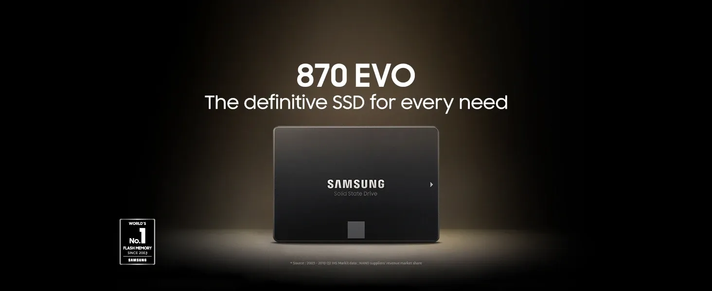 Samsung 870 EVO SATA SSD with tagline 'The definitive SSD for every need' on a dark gradient background with subtle spotlight highlighting the product