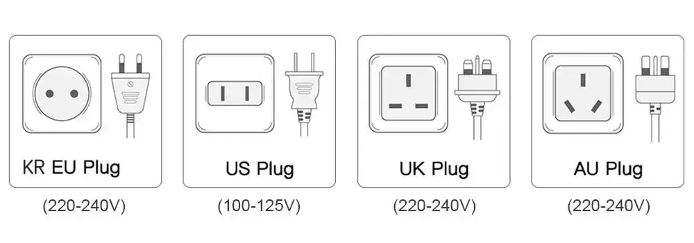 A simple compatibility chart showing KR, US, UK and AU plug types with voltage ranges; the UK plug is shown as 220–240V.