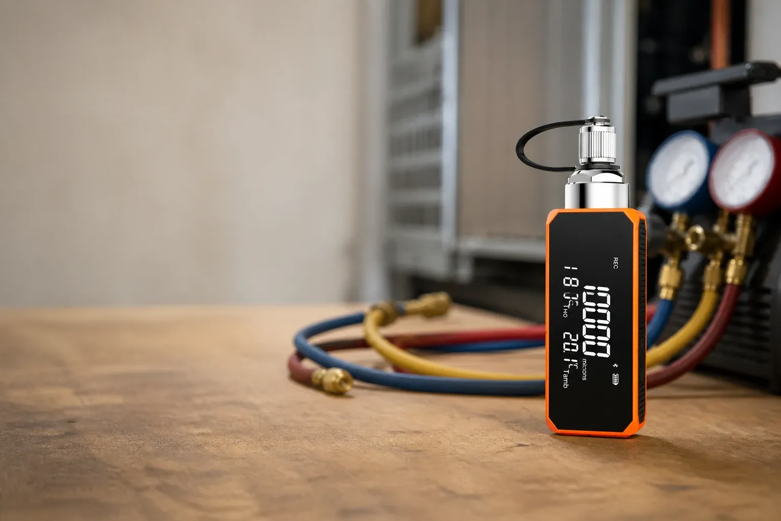 Professional digital HVAC/R micron vacuum gauge with orange protective housing displaying a backlit 1000-micron reading, positioned on a workshop bench beside red, blue and yellow service hoses and a blurred manifold gauge set.