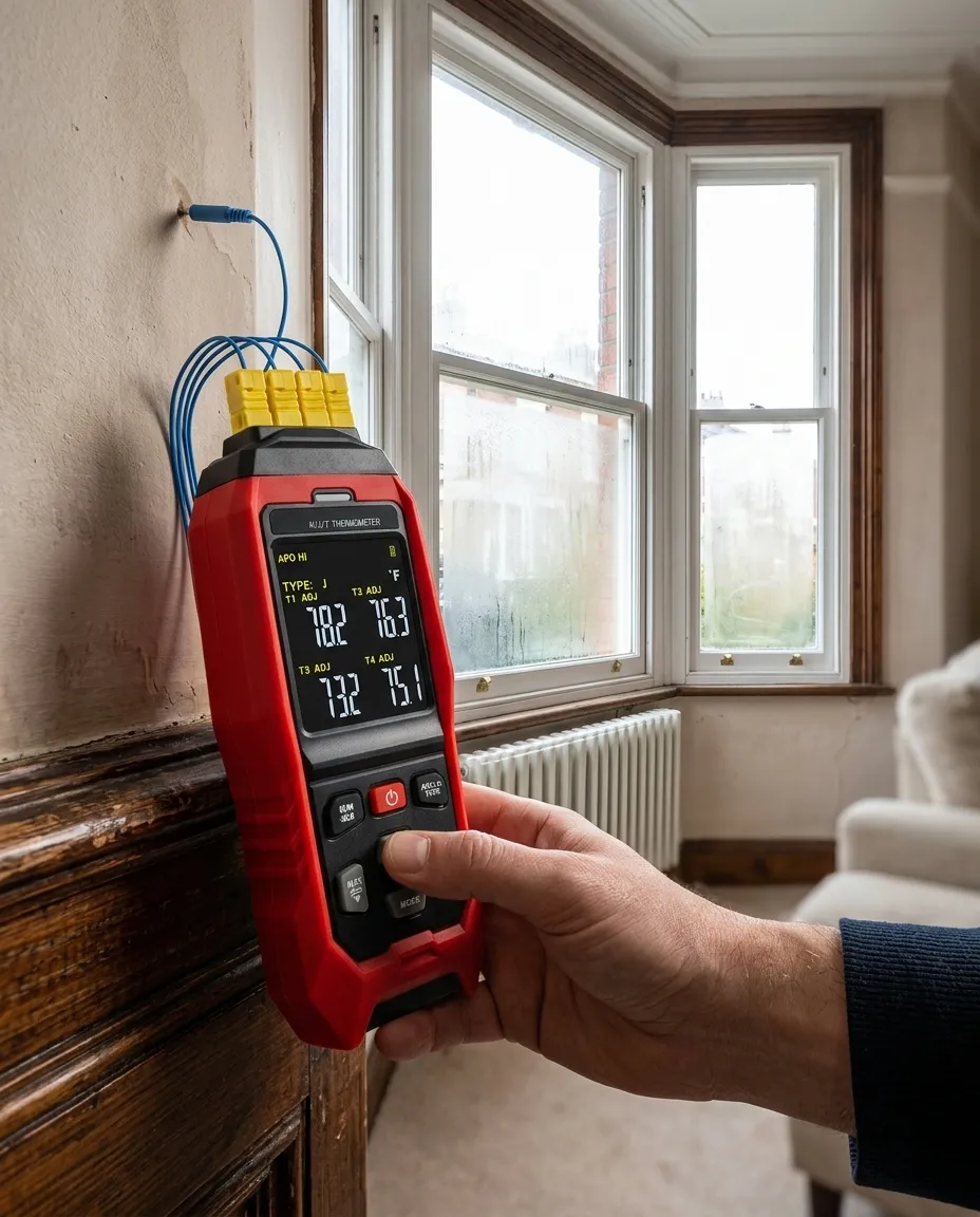 Handheld thermocouple thermometer being used in a real-world testing environment.