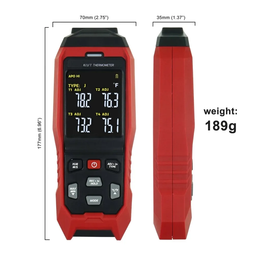 Detailed feature list and specifications for selecting a digital thermocouple meter.